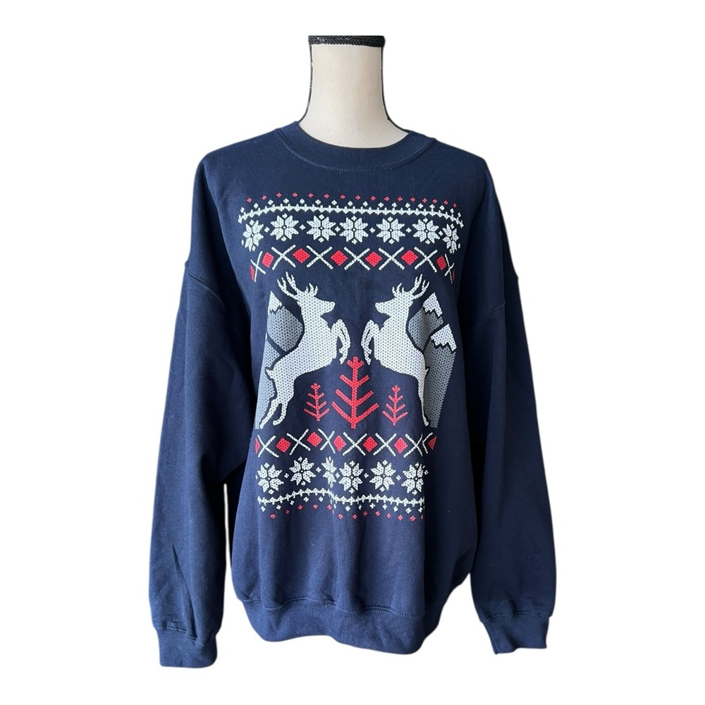Gildan Heavy Blend Navy Blue Festive Reindeer Sweater Size XL